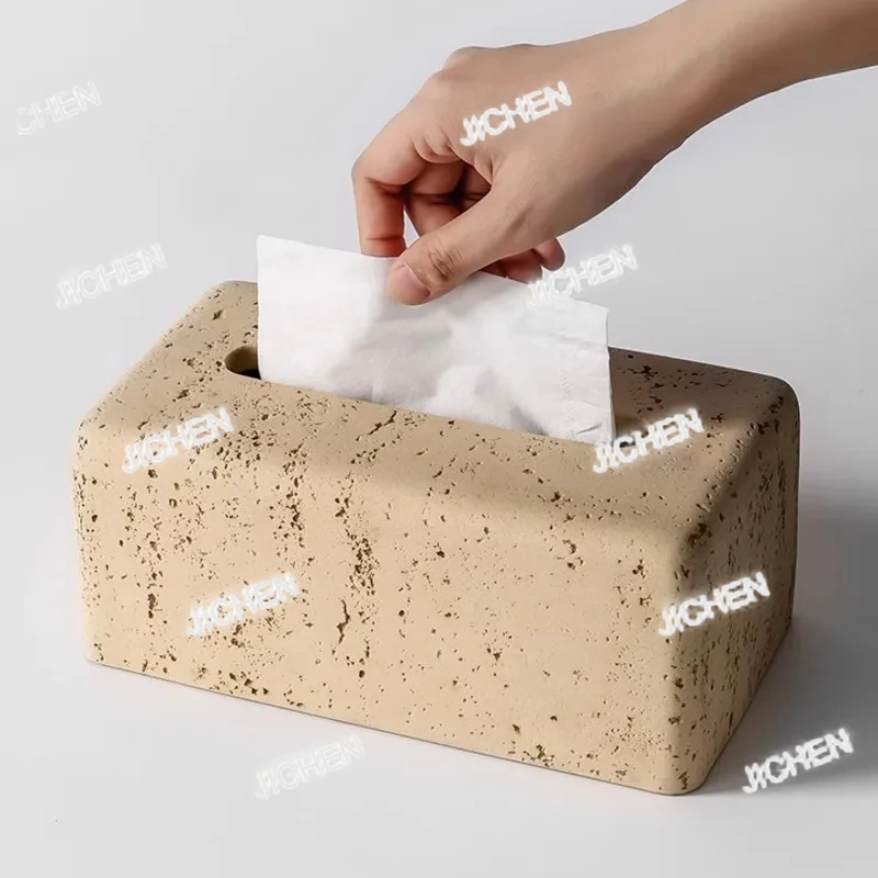 

ZQ Modern Cave Stone Tissue Box Holder Living Room Contemporary Light Luxury Table Creative Beige Tissue Paper Cover INS