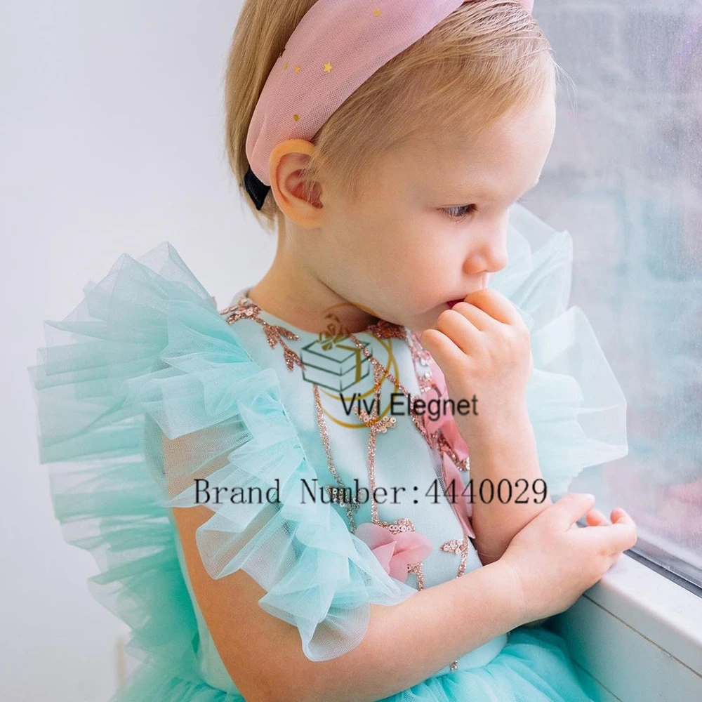 Cute Flower Girls abiti con Seuqined Applique 2024 morbido Tulle compleanno lunghezza al ginocchio abiti da festa di nozze pumywinee inspect p49psera