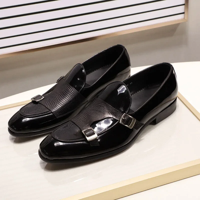 FELIX CHU Men\'s Patent Leather Loafers Black/Green Monk Strap Slip-On Shoes for Wedding Party Dress Casual Fashion