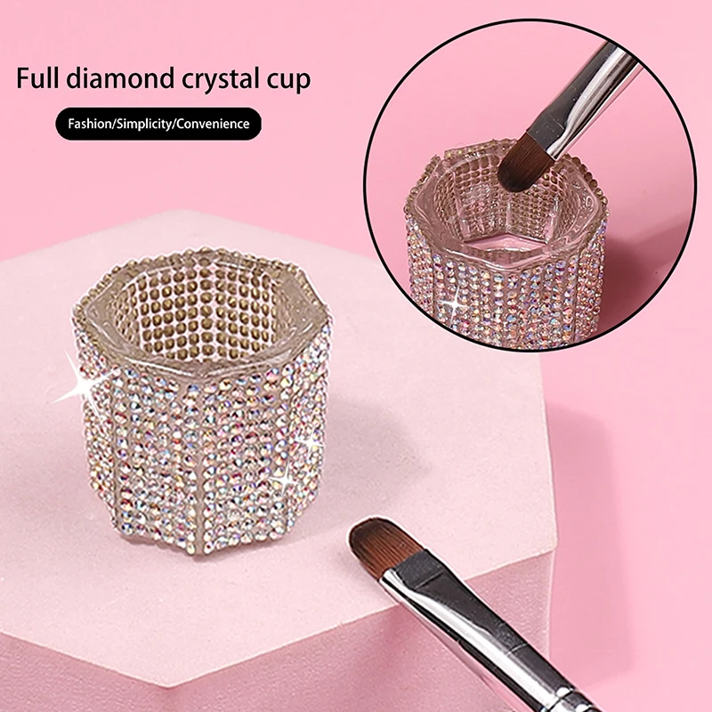 Mini vidro de cristal acrílico pequeno octogonal pó líquido copo de unhas escova de unhas limpo poder líquido strass tigela de mistura de luxo