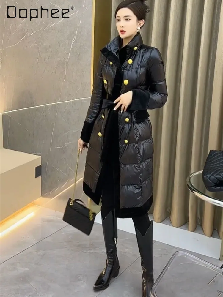 

High-end Fashion Down Cotton Jacket for Women Elegant Trendy Commuter Style Metal Double-breasted Belt Slim Mid-length Coats