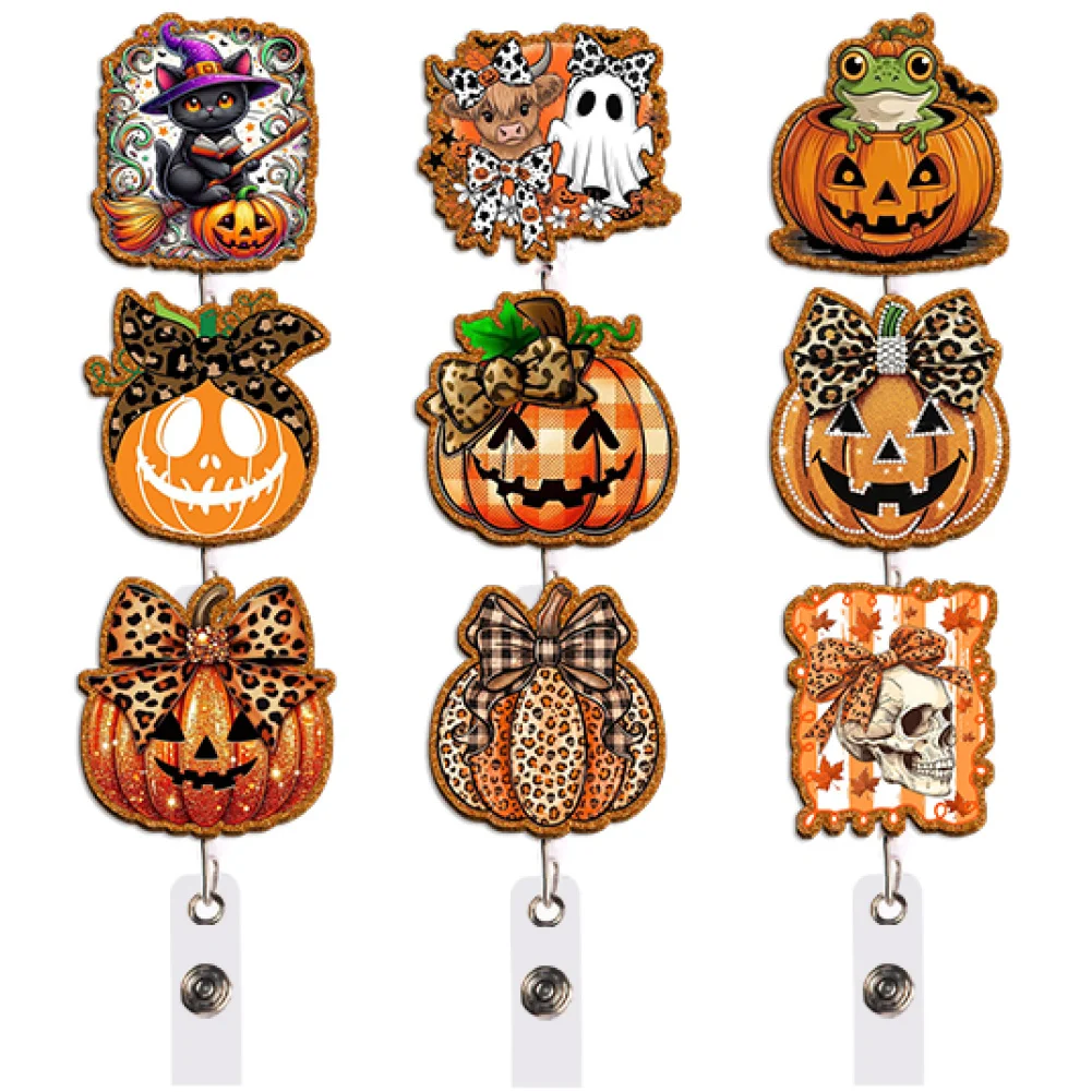 Colorful Halloween Badge Reel Retractable ID Holder Ghost Pumpkin Witch Hat Boo Unique Gift for Fantasy Lovers