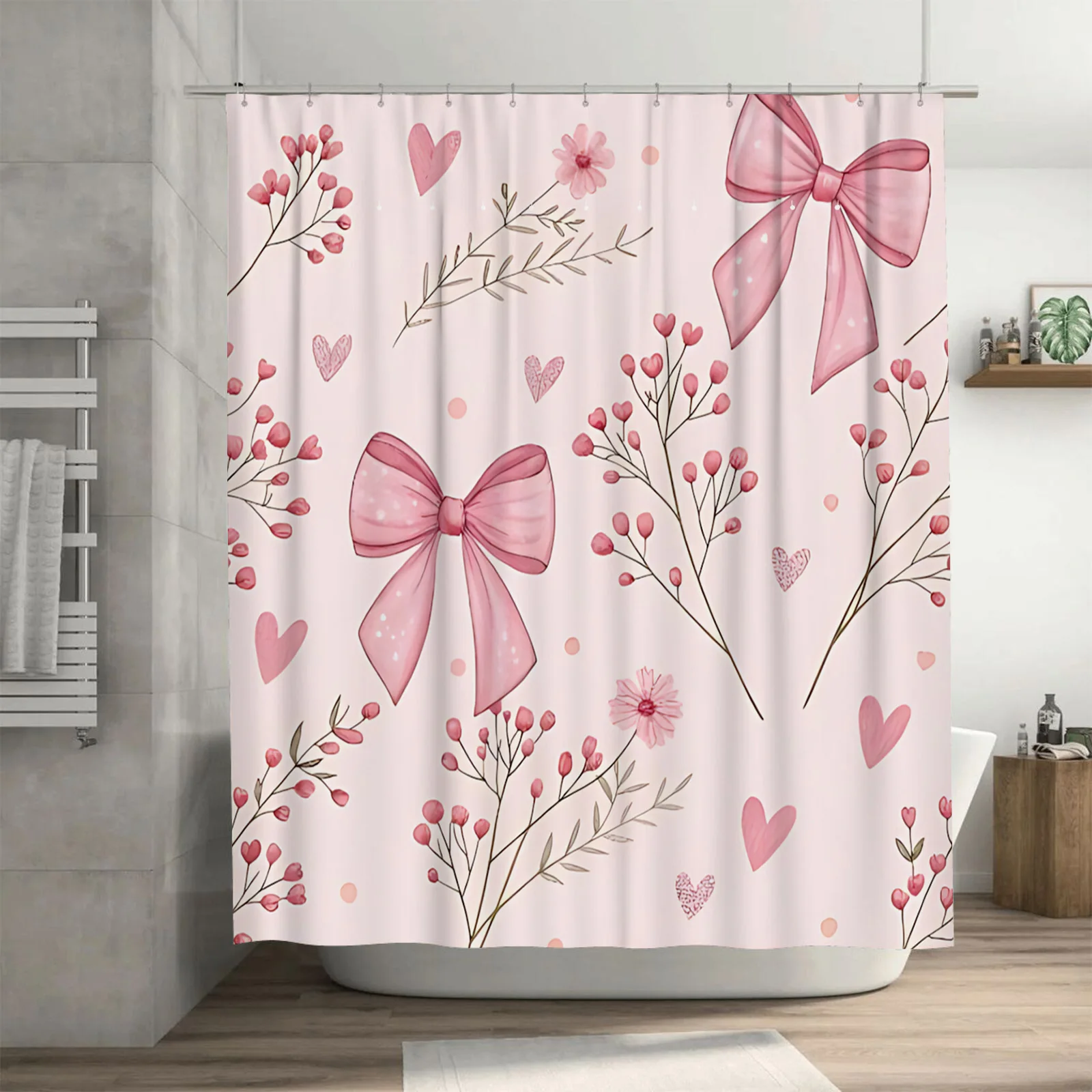 Charming Pink Bows and Hearts Waterproof Shower Curtain for Romantic Bathroom Decor   Polyester Anti-Mildew