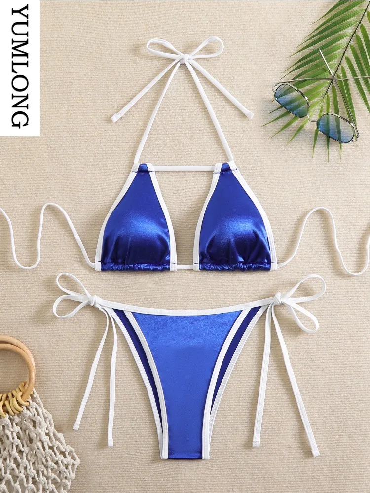 المرأة مثير مايكرو ثونغ الرسن العلوي مثلث البرازيلي مجموعة البكيني ملابس السباحة المايوه بحر 2025 جديد 2 قطعة مجموعة للمرأة