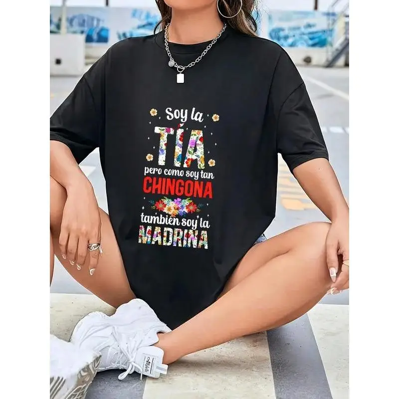 

Latina Aunt T-Shirt "Soy la TIA CHINGONA MADRINA" Funny Godmother Gift Empowering Women Floral Graphic Tee Cotton Top