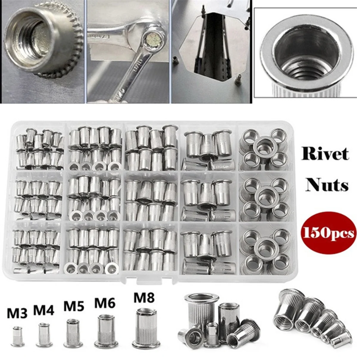 Novo 150 pçs kit de mandril alicate porcas rebite m3/m4/m5/m6/m8 porca rebite mandris reparação ferramenta porca rebite alicate conjunto com alicate