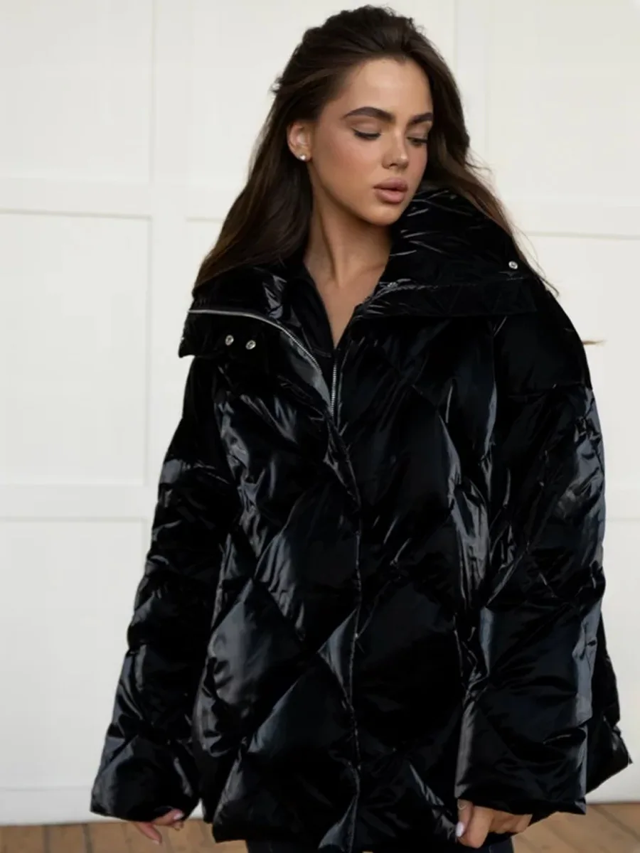 Bornladies Women\'s Autumn Winter Thicken Warm Cotton Jacket Matte Glossy Lapel Bread Jacket Fashion Loose Casual Cotton Jacket