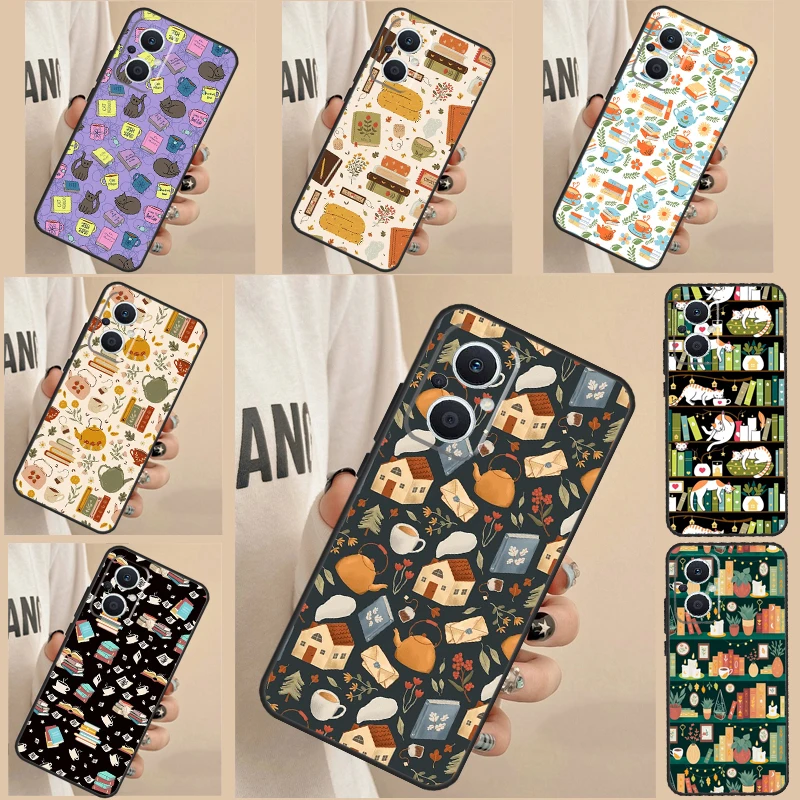 Flowery Books and Tea Case For OPPO Reno 5 Lite 4 6 7 8 Pro 2Z 4Z 5Z 8T OPPO Find X5 X6 Pro X2 Lite X3 Neo Cover