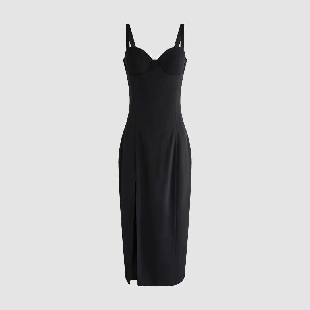 2026 Luxury Black Sleeveless Gown Women's Waist-Cinching Midi Dress Solid Color Formal Cocktail Dress for Wedding Guest