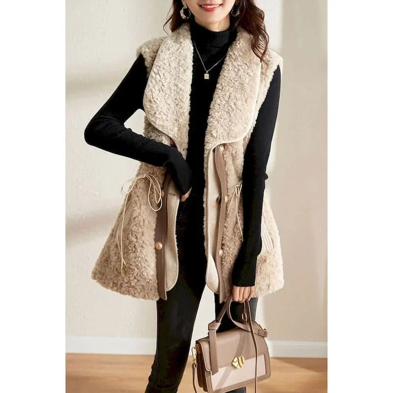 

Plush Waistcoats for Women Lapel Mid-Length Fleece Vests Casual Sleeveless Cardigans Oversized Winter Jackets Loose Women Tops