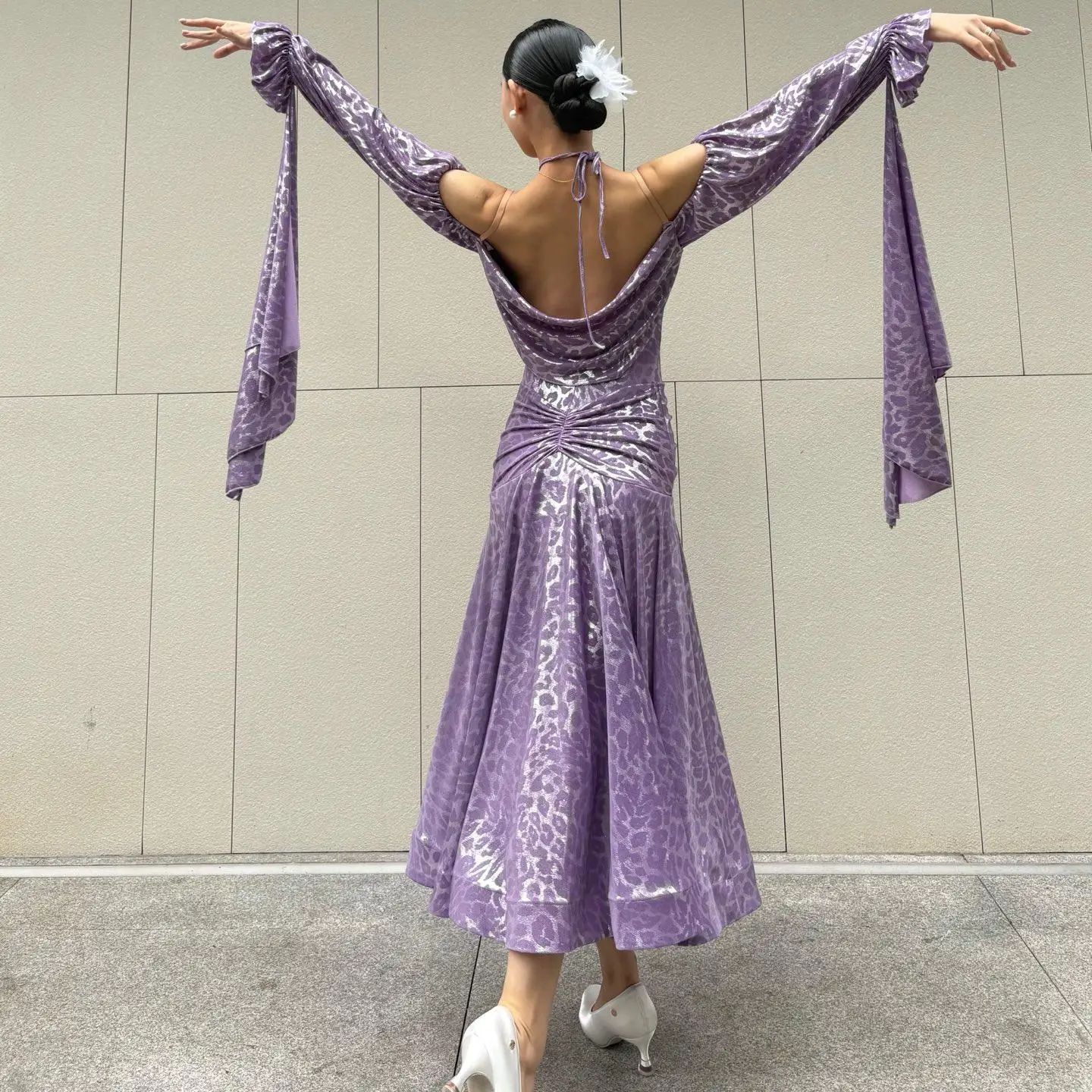 2026 Purple Leopard Ballroom Dance Performance Dress Women Off Shoulder Party Prom Dress Long Sleeves Waltz Dance Wear BL19930