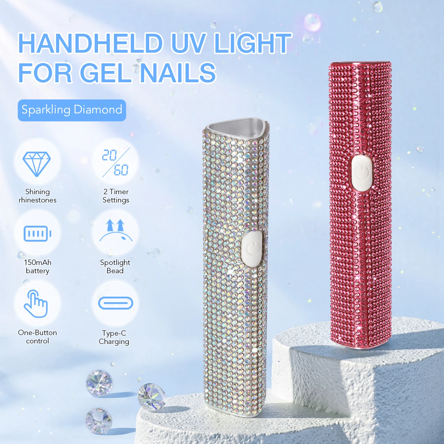 Mini Handheld UV LED-nagellamp Draagbare gel-nagellakdroger met diamantdecoratie 2 timerinstellingen Snel voor thuisreizen