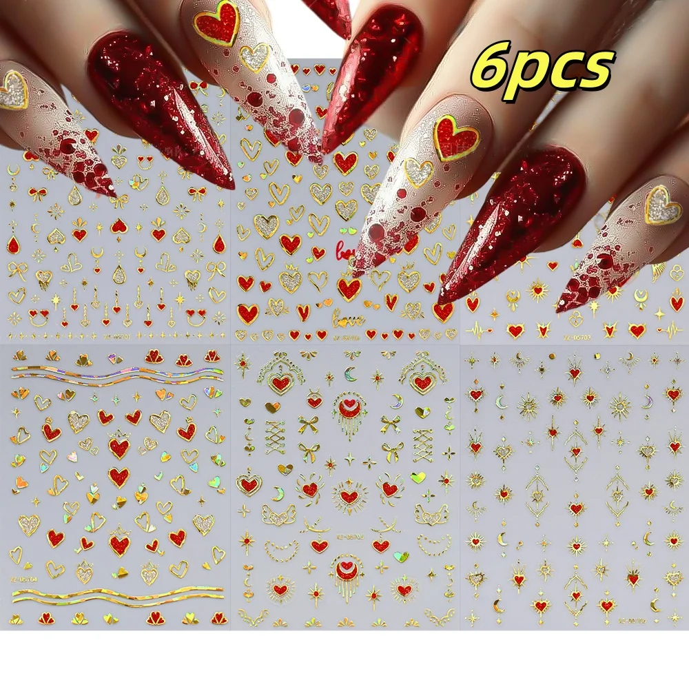 6 pezzi adesivi per unghie a forma di cuore Y2K cuori in lamina d'oro laser rosso con decalcomanie per unghie con glitter fini tema d'amore forniture per unghie romantiche *