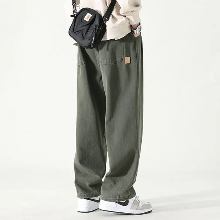 Celana Kargo Trendi Jepang Celana Remaja Lurus Katun Murni Kasual Kaki Lebar Longgar Pria