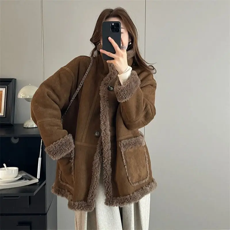 Korean-style Temperament Versatile Loose Coat 2025 New Winter Style Fleece-lined  Thickened  Warm Woolen Coat for Women