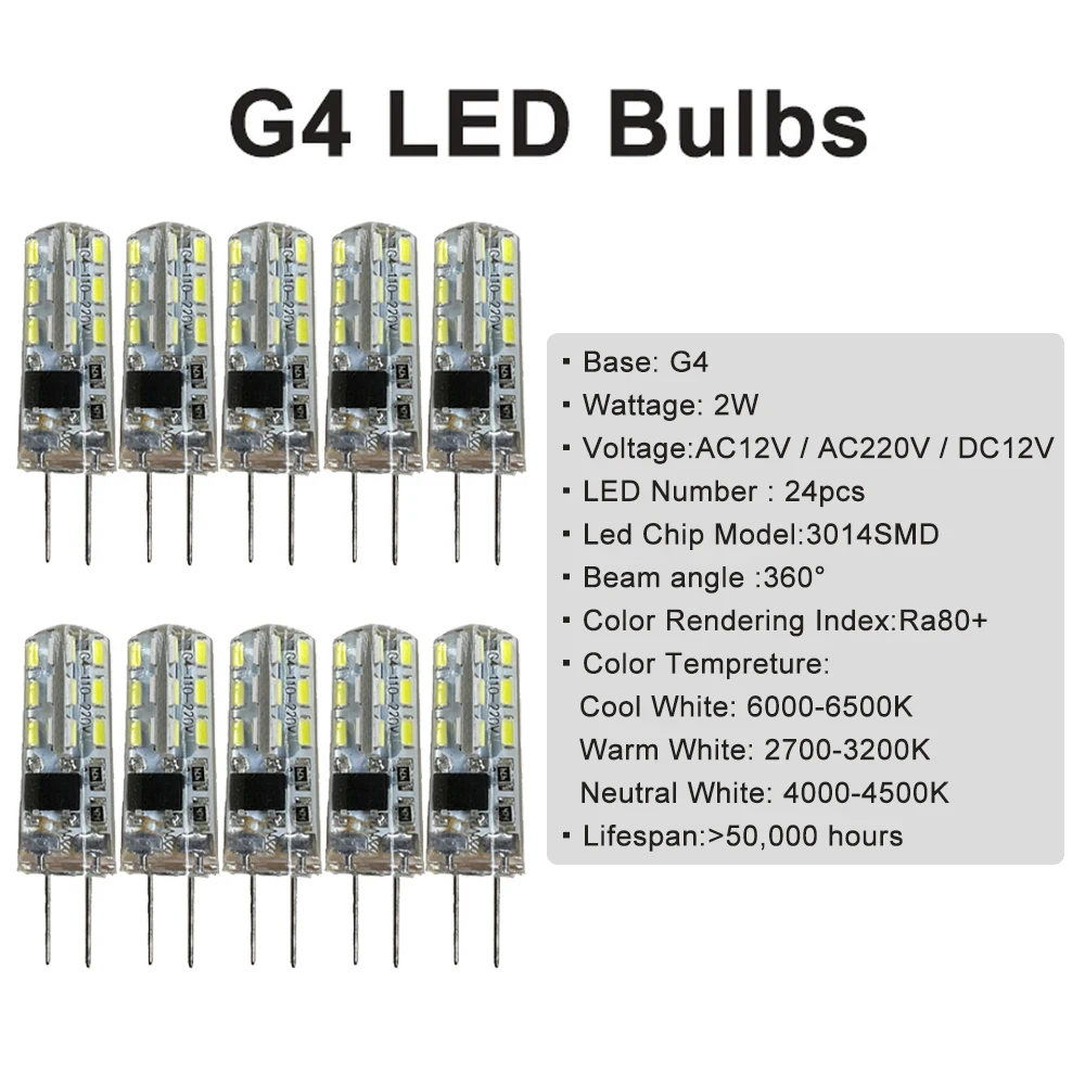 5pcs/Lot G4 Led Light Bulb 2W 24LEDs Silicone Lamp 3014SMD Cool/Neutral/Warm White LED Lamp for Home Chandelier Decor 220V 12V