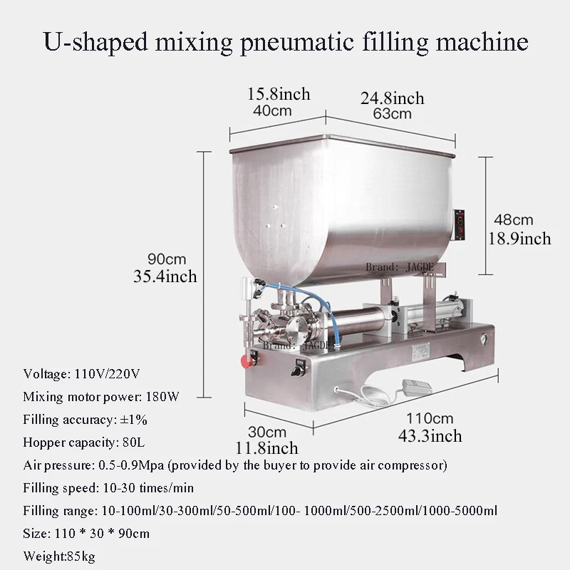 PBOBP Pneumatic Liquid Paste Filling Machine, 220/110V 100-1000ml Volume Paste Liquid Filling Machine With 80L Hopper for Cream