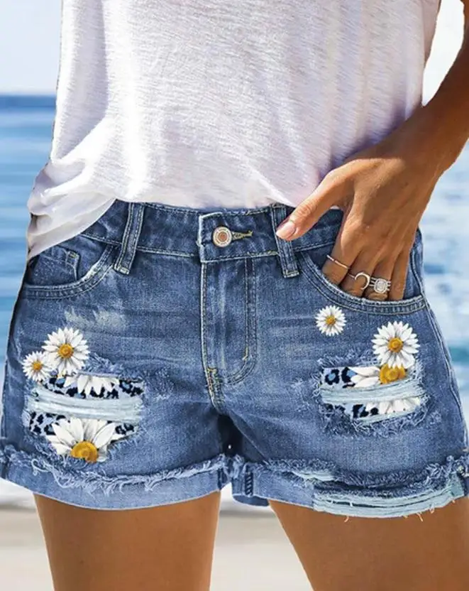 

Women's Casual Trouser 2024 Spring Summer Latest Daisy Print Patchwork Ripped Above Knee Denim Shorts Zipper Vacation Pants