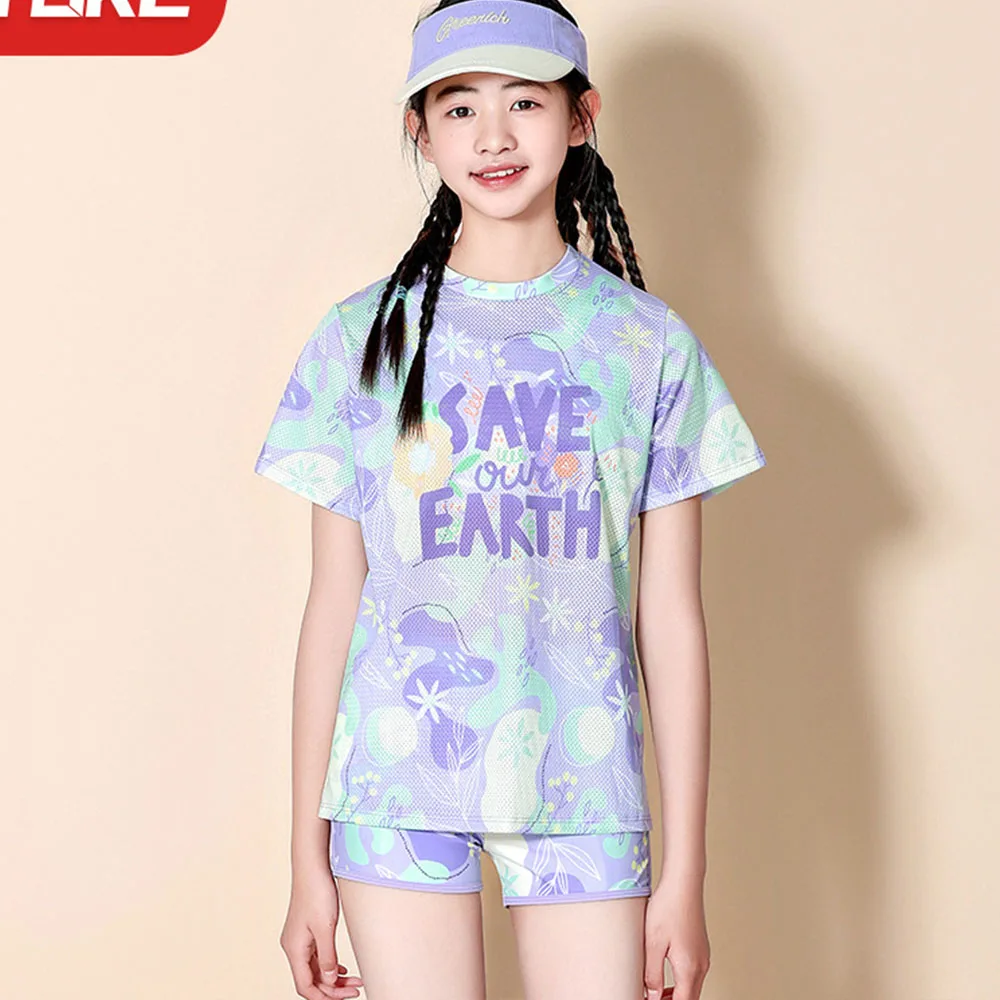 Girls' 3-Piece Swimsuit Cute Printed Vest Shorts Mesh T-Shirt Quick Drying Summer Girls Beach Pool Vacation Sports Swimsuit