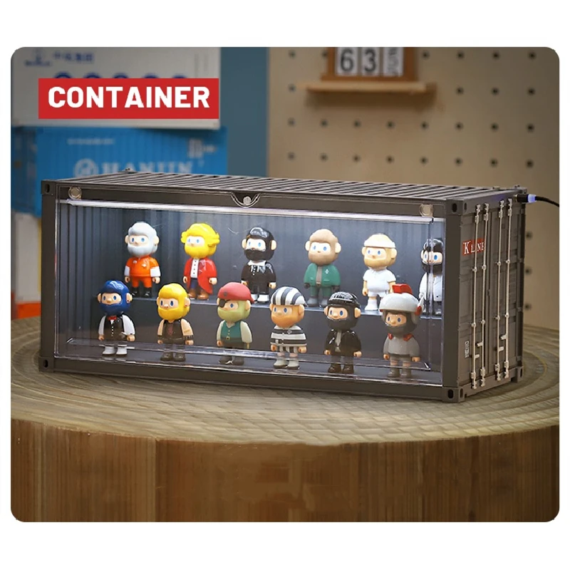 20 Foot Container Display Storage Dustproof Box Figure Toys Show Case with LED Light Transparent Cartoon Doll Brick Organizer