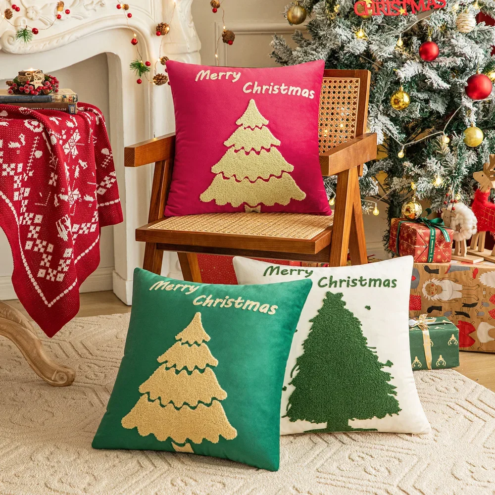 Velvet Embroidered Christmas Pillow Cover Christmas Tree Home Living Room Sofa Pillow Cushion Cover 45x45cm