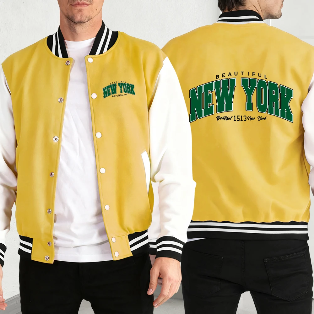 

Beautiful New York Print Men Loose Streetwear Basics Comfy Jackets Casual Autumn Winter Baseball Jersey Vintage Soft Menswear