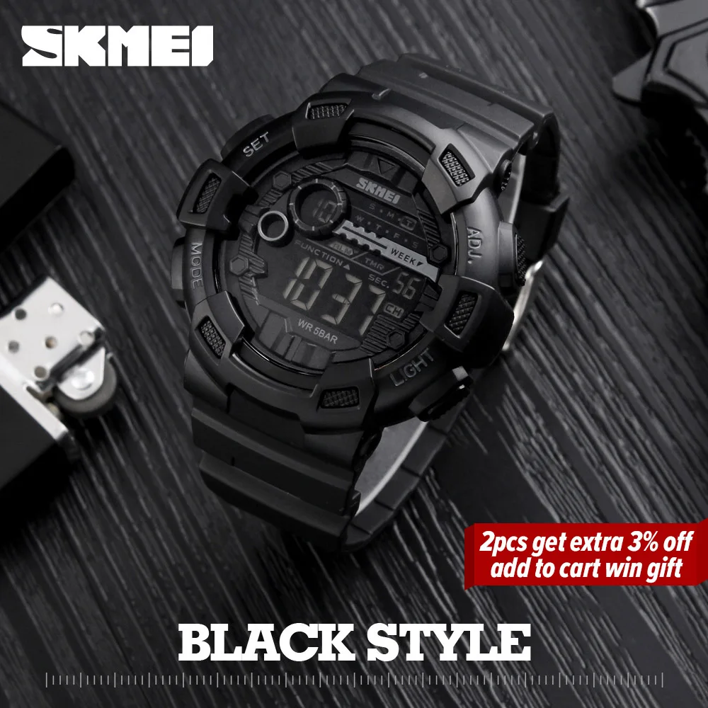 SKMEI Outdoor Sport Watch Men Multifunction 5Bar Waterproof 50M PU Strap LED Display Watches Chrono Digital Watch reloj hombre