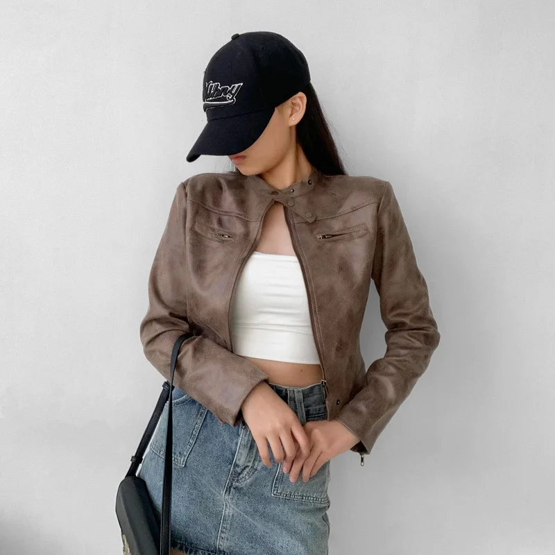 

Women Motocross Style Faux Leather Cropped Biker Jacket With Press-stud Closure High Collar V659