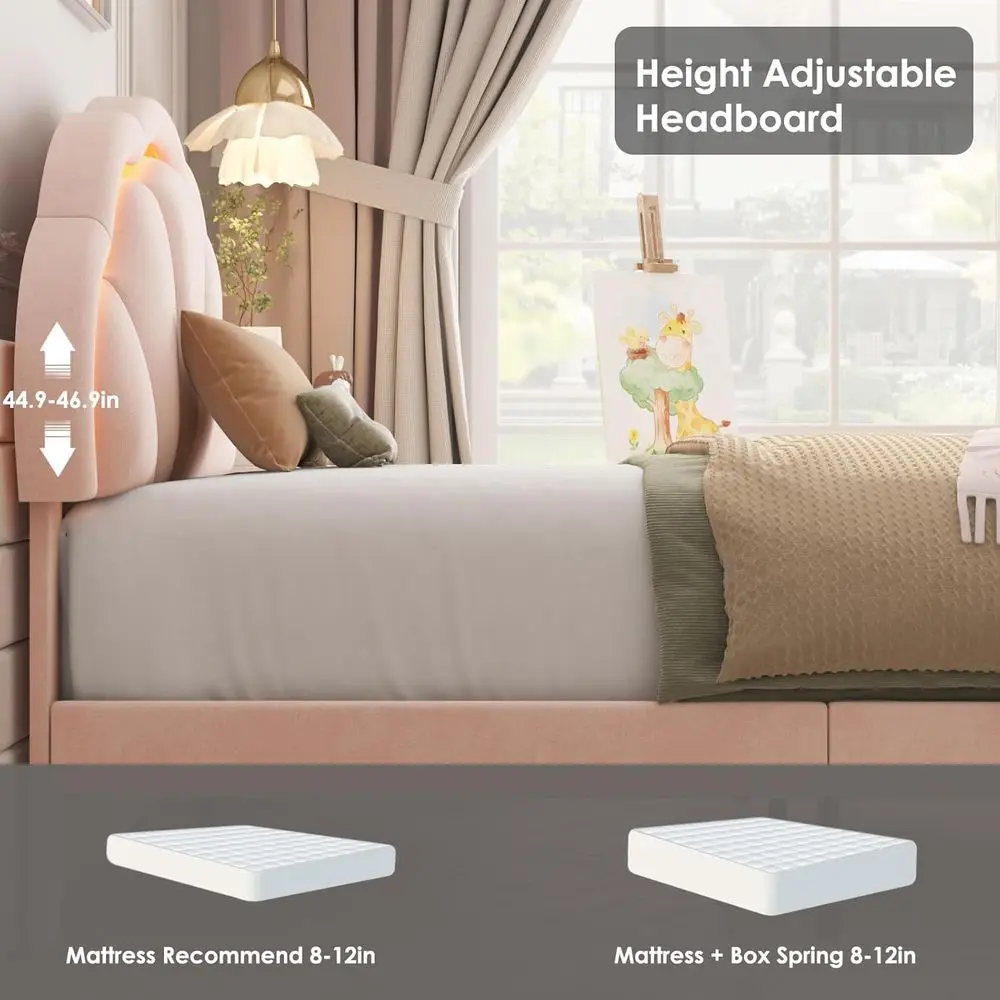 Łóżko Queen Size z podświetleniem LED i zagłówkiem w kształcie płatków, tapicerowane łóżko platformowe dla dziewcząt, łatwy montaż, różowe