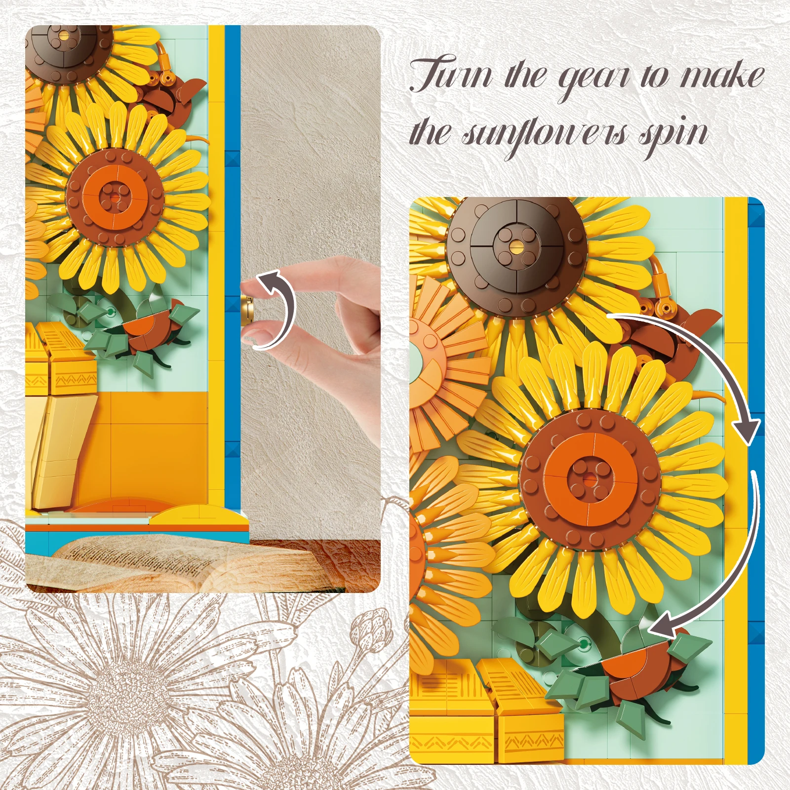 JAKI Sunflowers Building Blocks Model Kit Rotating Painting Art Home Office Decor Mother's Day Christmas Gift Birthday Presents