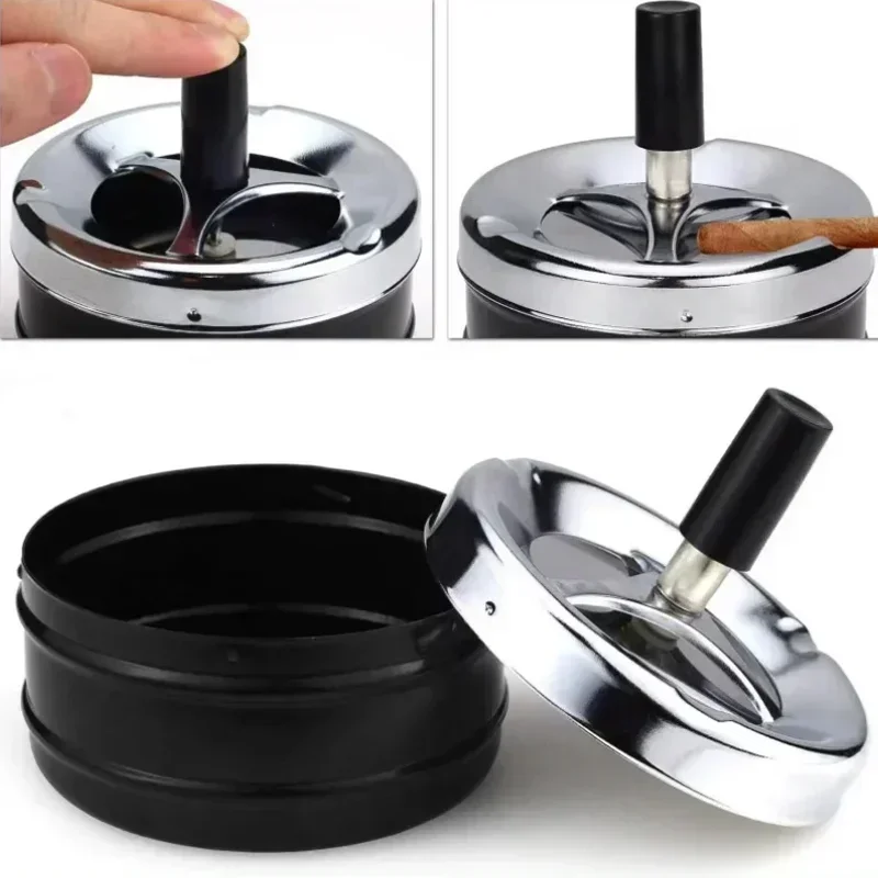 Cool Ashtray Stainless Steel Push Down Spinning Ashtray Self-Cleaning Ashtray With Lid Cover Ash Tray for Cigarette Smoking