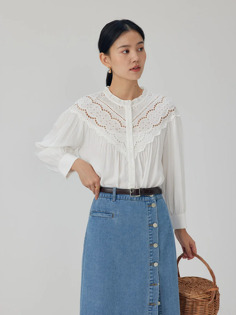 

Retro Loose Long Sleeve Women's Lace Collar Shirt Spring Season Comfortable Breathable Composite Fabric Button Detail Design