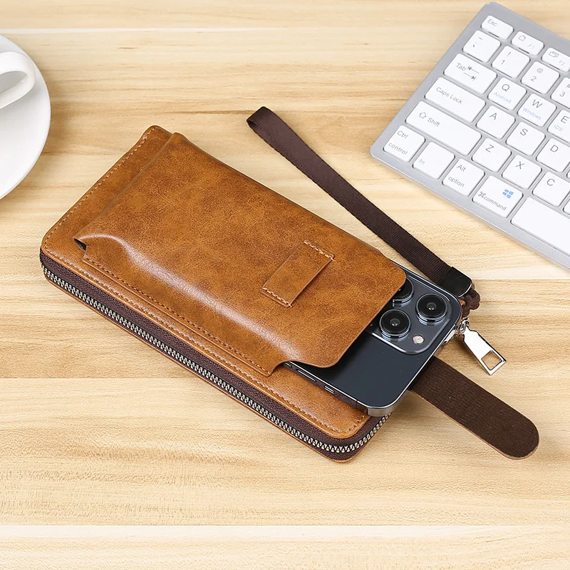 Men Unisex Pu Leather Cell Phone Purse Wallet Handbag Wristlet Pouch Card Bag Business Zipper Multi-Function Purse