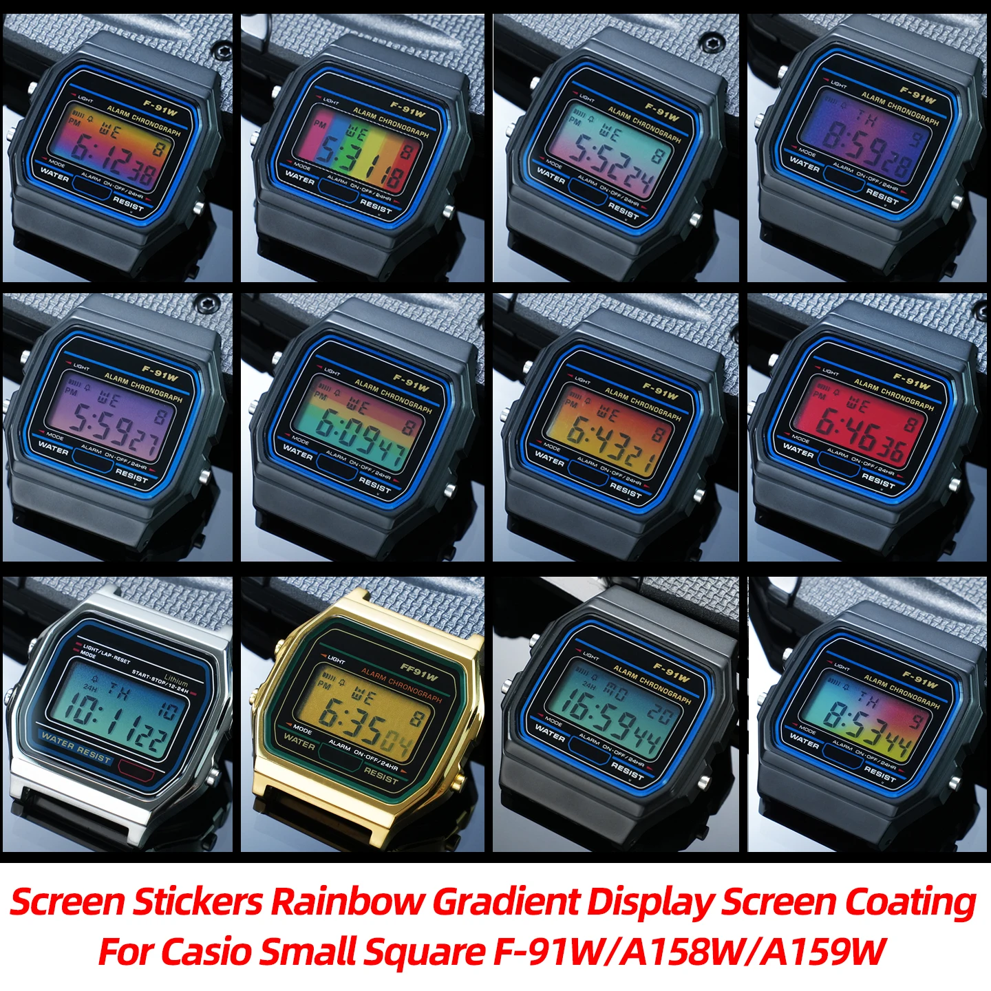 Watch Dial Screen Refit Accessories Rainbow Gradient Coating Stickers For Casio F91W A158W A159W Small Square Series DIY screen