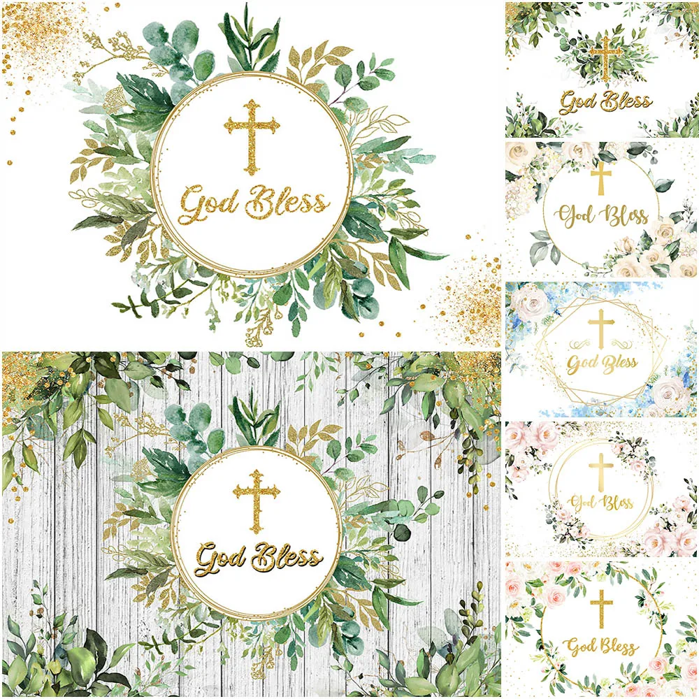 First Communion Backdrop God Bless Baptism Flower Photo Background Boy Girl Baby Shower Prop for Photography Birthday Decoration