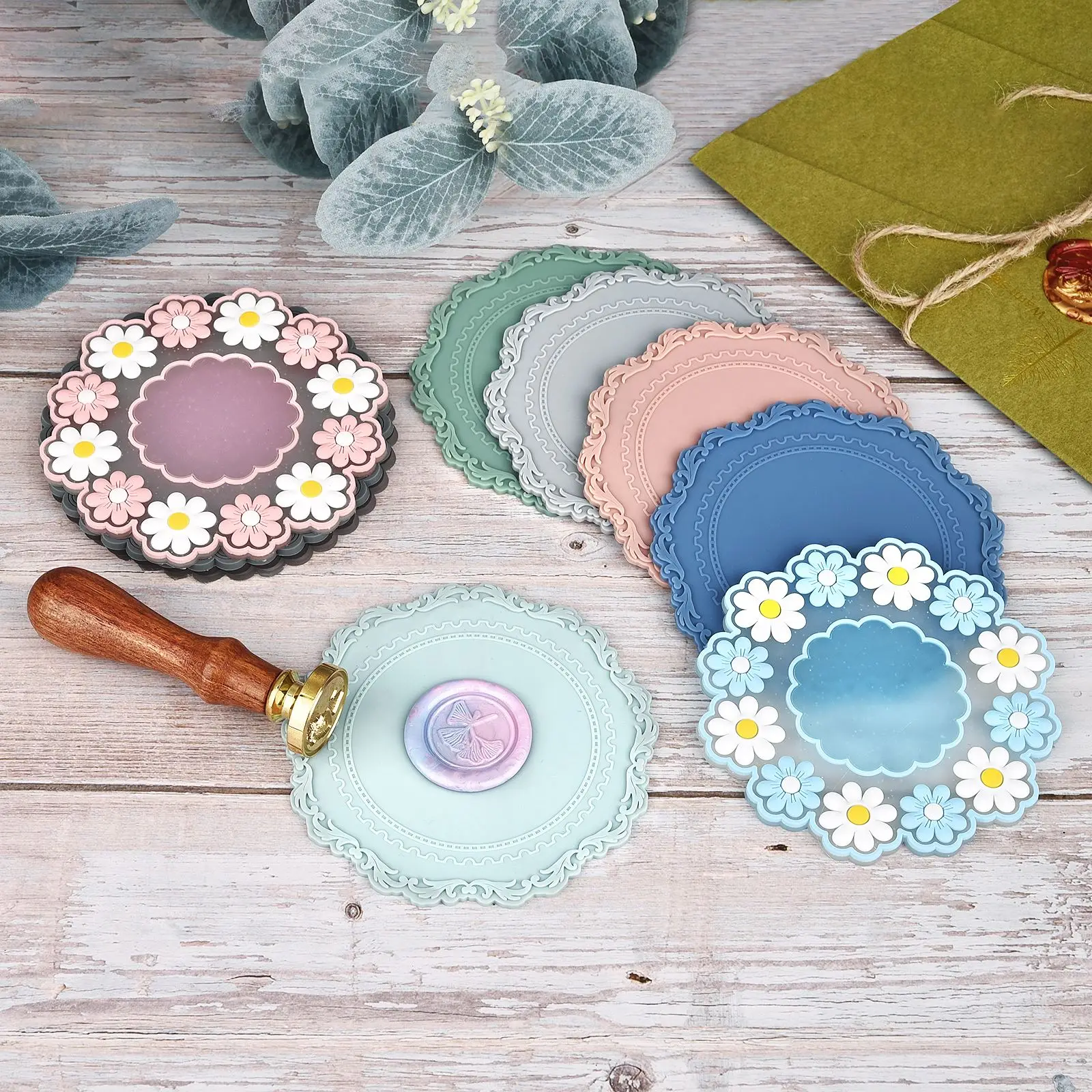 Almohadilla de tablero de cera de sellado de silicona, sello de cera de encaje redondo, molde de laca de fuego, respaldo de pintura para regalos de fiesta de boda DIY, almohadillas de cera de sellado