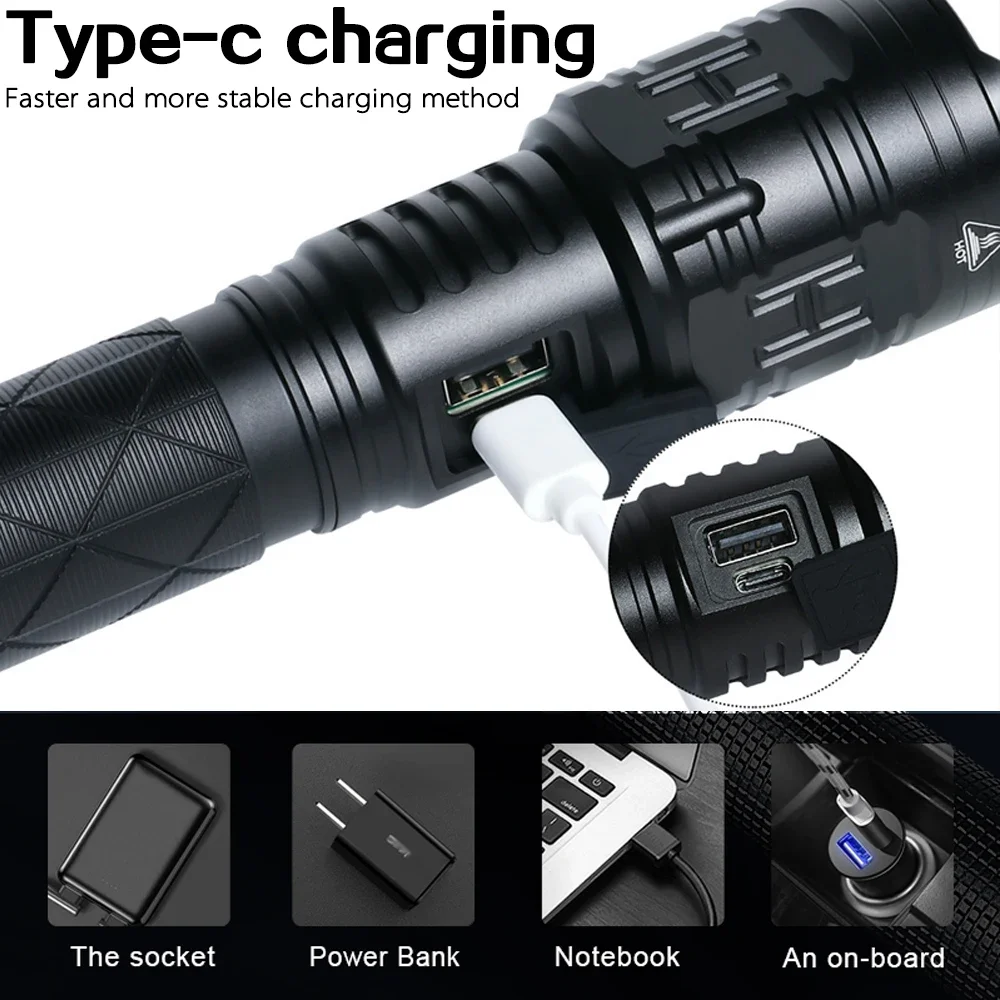 High Lumen P99 LED Flashlight USB C Rechargeable Torch Zoomable 3Mode Outdoor Portable Camping Light Emergency Power Bank Lamp
