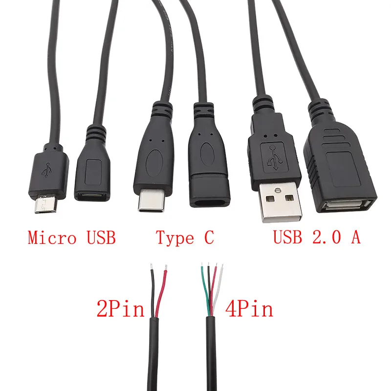 

_ 2/4 Pin Micro USB/USB 2,0 A/Type C штекер, гнездовой разъем, соединитель для провода, «сделай сам», кабель-удлинитель для зарядки и передачи данных, 30 см