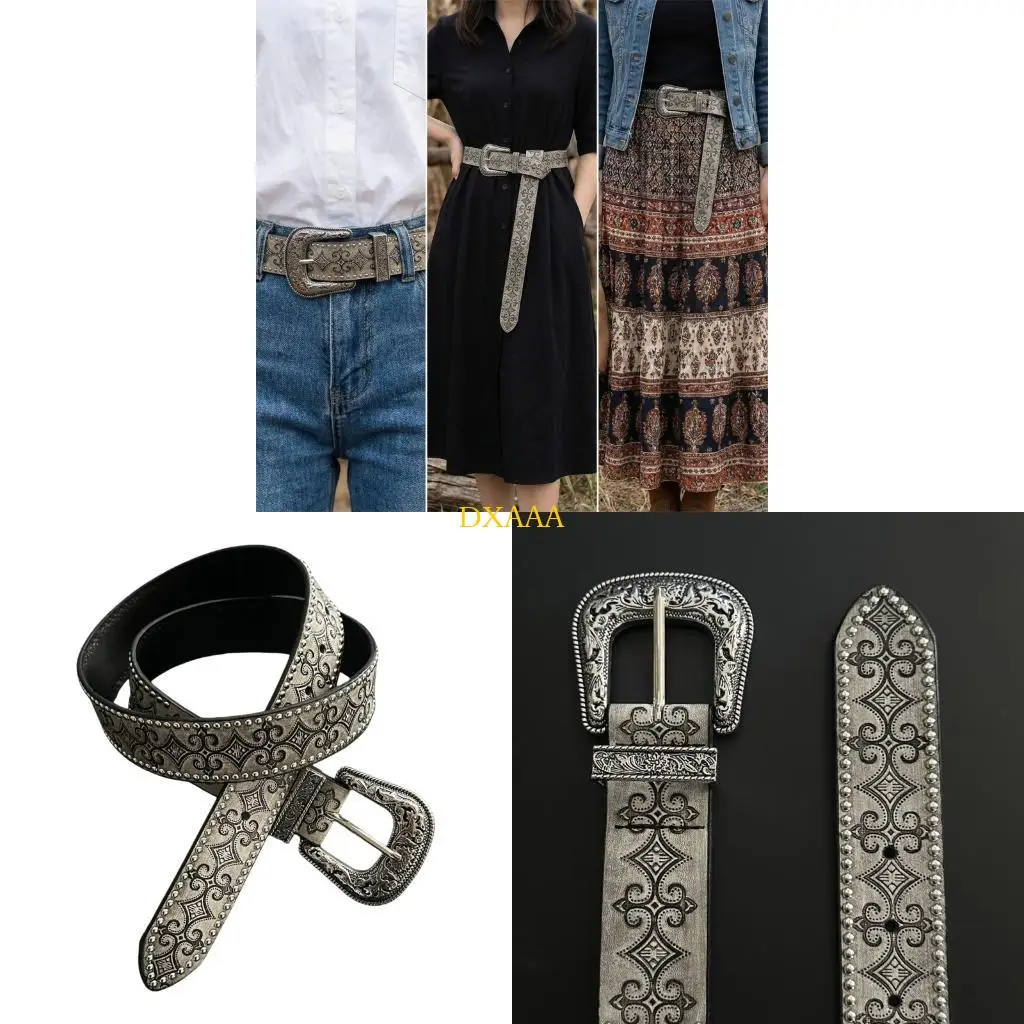 DXAA Fashionable Belt For Men And Women Feature Retro Western Pattern Rivets Accent PU Leather Waistband