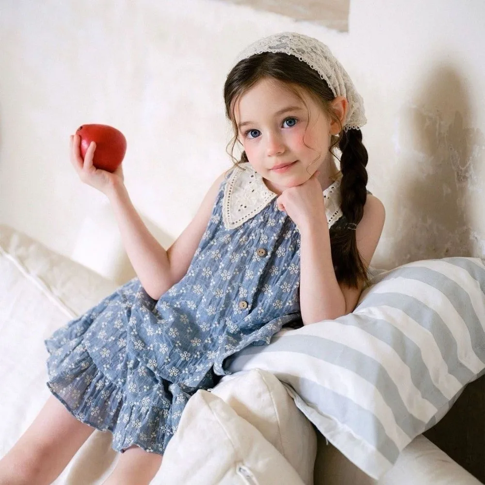 2-7-year-old Blue Toddler Girl Clothes Summer New Lace Lapel Print Sleeveless Top + Short Skirt Children's Casual Two-piece Set