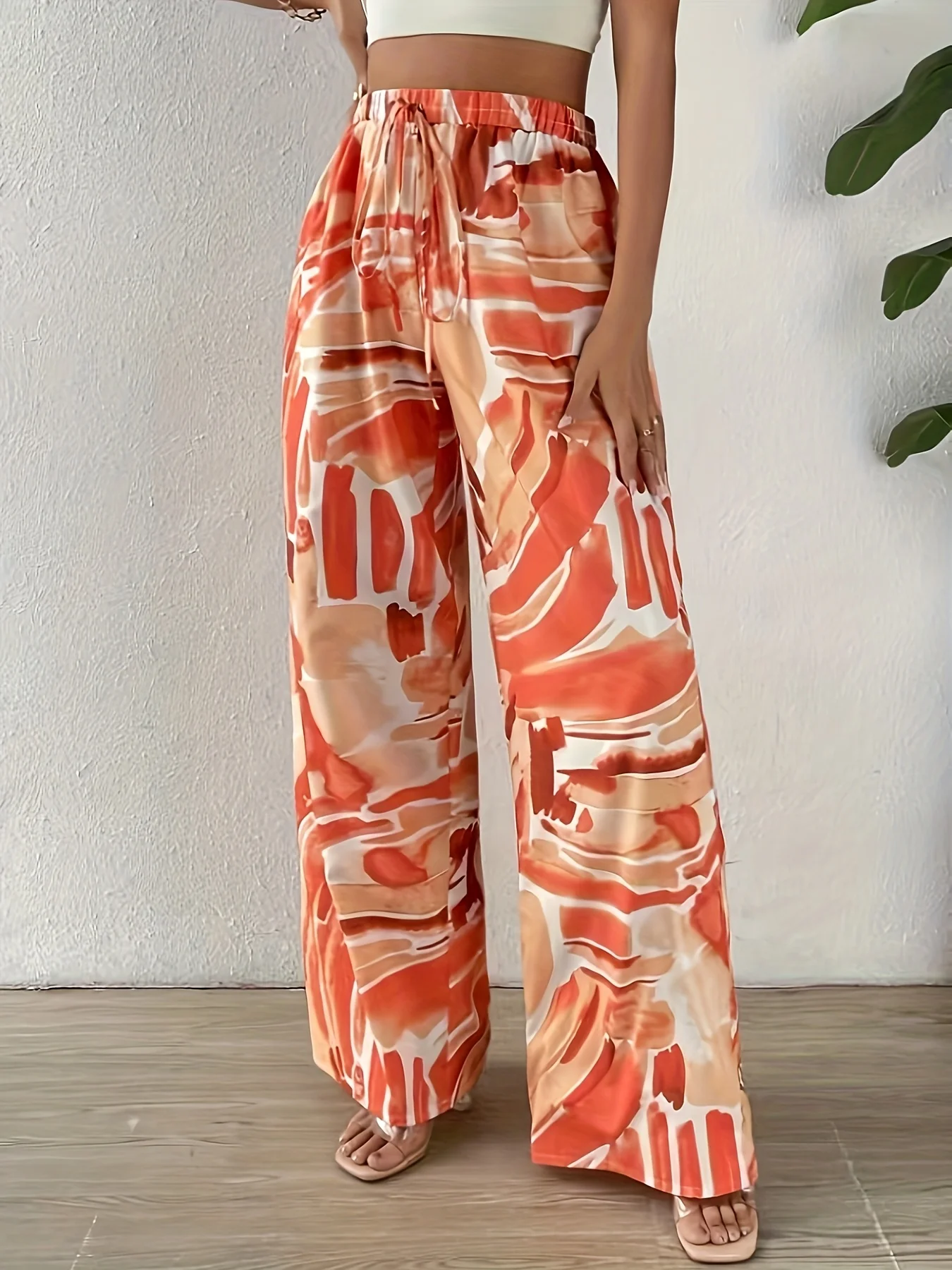 Elastic Waist Loose Fit High Waist Wide Leg Pants Graffiti Versatile Plus Size Thin Ladies Casual Trousers Comfortable Loose Sty