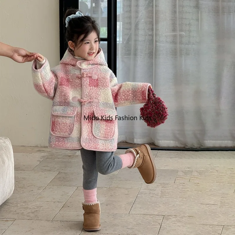1-12Y Kids Winter Coat Girls Wool Blend Jacket Warm Faux Fur Lined Outerwear Fashionable Toddler Clothes 90-140cm