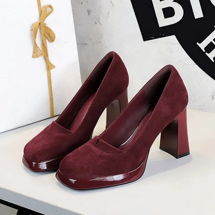 BIGTREE Shoes Женские туфли-лодочки на массивном блочном каблуке 9 см, замшевые женские туфли на высоком каблуке в стиле ретро на высоком каблуке с квадратной головкой, 3 цвета