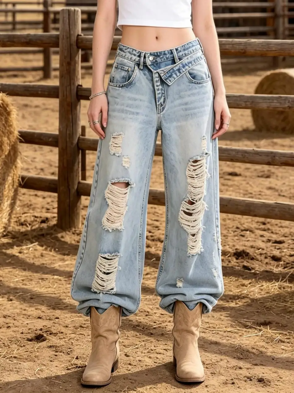 【HME】Jeans | Women Irregular Diagonal Waist Denim Pants, High Waist Super Wide Leg Floor-Length Denim Jeans, Vertical Large Ripped Frayed Design, Light Blue Vintage Distressed Wash, Draped Leg Slimming, Wasteland Street Style Eye-Catching Casual Pants