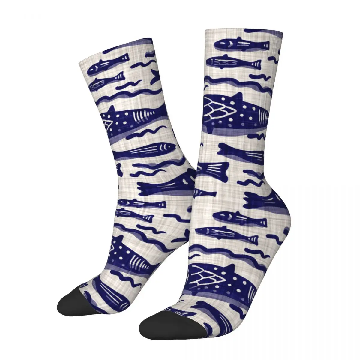 Funny Crazy Sock for Men Blue Fishes On Cream Linen Hip Hop Vintage Seamless Pattern Printed Boys Crew Sock Casual Gift