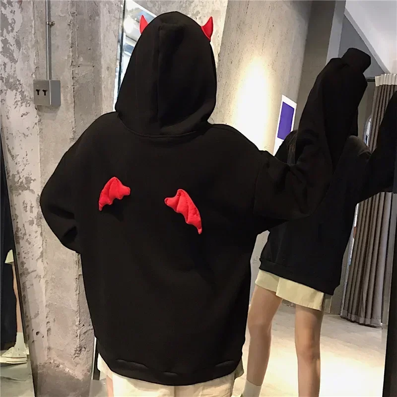 

Winter Korean Harajuku Hoodies Devil Horns Gothic Hooded Sweatshirts Women Demon Fly Wings Baggy Pullovers Tops Y2k Streetwear