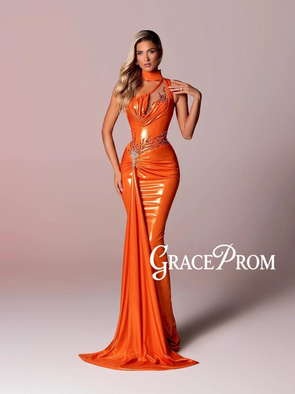 

Orange Sexy Bodycon Fit Metallic Prom Dress Chic Beaded Asymmetrical Neckline Charming Evening Gown With Side Tail Customized