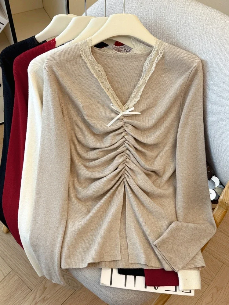 Einfachheit Elegante Trend Spitze Patchwork Pullover Herbst Winter Neue Mode Frauen Pullover Solide V-ausschnitt Langarm Mode Jumper