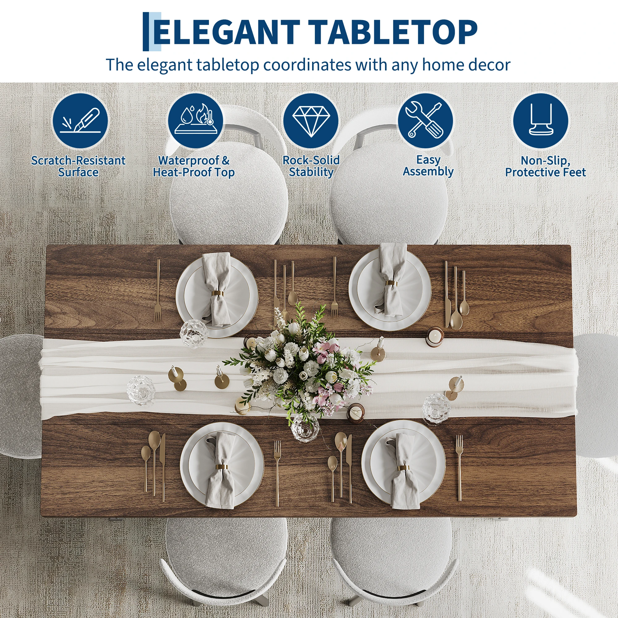 Only Table,Spacious Seating for 6-8 Rectangular Wood Dining Table, Modern Rustic Style, Curved Anti-Collision Edge & Recessed Footrest, Dining Room, Study, Conference, Wedding