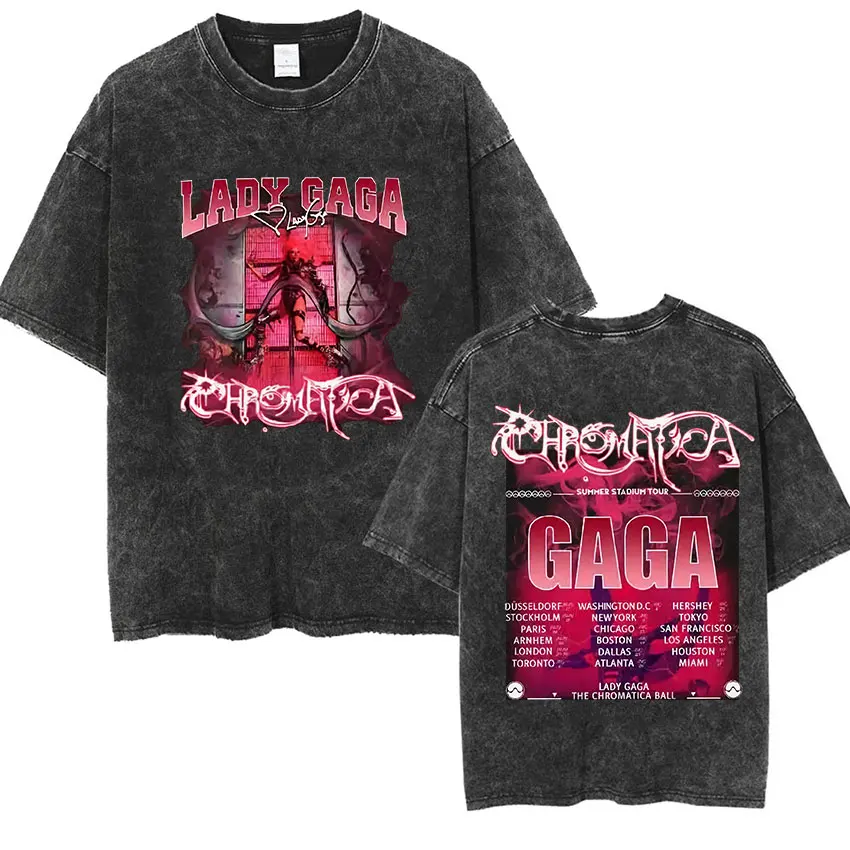 Vintage Washed Lady Gaga The Chromatica Ball Tour 2024 T-Shirt Men Women Hip Hop Fashion Harajuku Oversized T-shirts Streetwear